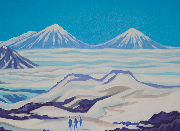 Top: View of the volcanoes of Paramushir’s southern part. Bottom: Drawing by I. Koulakov. Acrylic, paper