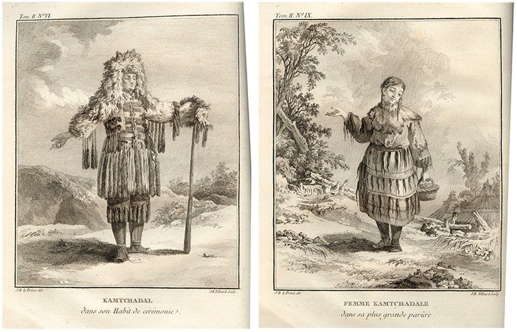 Слева: Камчадал в торжественной одежде. Справа: Камчатская женщина в выходном платье. Гравюра Ж.-Б. Тийяра по рисунку Ж.-Б. Лепренса