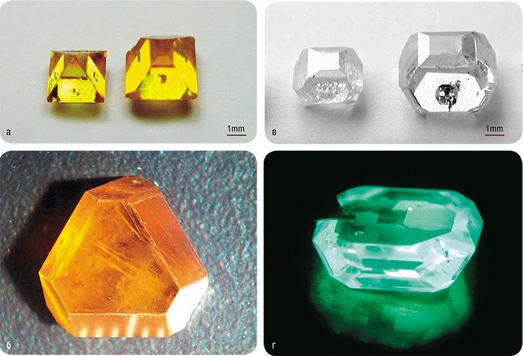 Кристаллы синтетического алмаза с примесью азота (а); рекордный кристалл синтетического алмаза массой 6 карат (б). Безазотные кристаллы синтетического алмаза (в); фотолюминесценция алмаза (г)