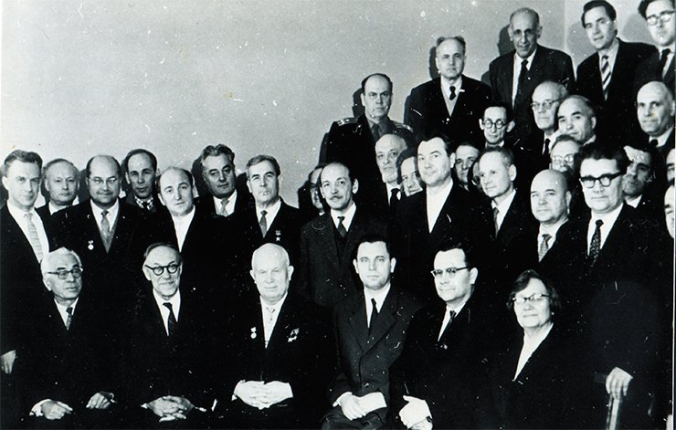 During a meeting of the General Secretary of the CPSU Central Committee Nikita S. Khrushchev with scientists of Novosibirsk Science Center in March 1961: N.A. Chinakal, M.A. Lavrentiev, N.S. Khrushchev, G.I. Voronov, D.S. Polyansky, P.Ya. Kochina, S.L. Sobolev, G.K. Boreskov, E.N. Meshalkin, V.V. Voevodsky, G.I. Budker, I.N. Vekua, T.F. Gorbachev, A.A. Kovalsky, Yu.N. Rabotnov, N.N. Vorozhtsov, A.V. Nikolaev, E.I. Grigolyuk, I.I. Novikov, S.A. Khristianovich, A.T. Logvinenko, V.K. Shcherbakov, V.S. Sobolev, G.S. Migirenko, V.N. Saks, G.A. Prudensky, A.I. Cherepanov, N.M. Ivanov, V.A. Smirnov, Yu.B. Rumer, and P.V. Pyrinov. SB RAS photo archive