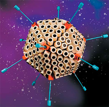 Вирусы – это неклеточные инфекционные агенты. Вверху – модель вызывающего респираторные инфекции аденовируса 5-го типа, сделанная из пластика и картона в середине 1970-х гг. © CC BY 4.0/Science Museum, London