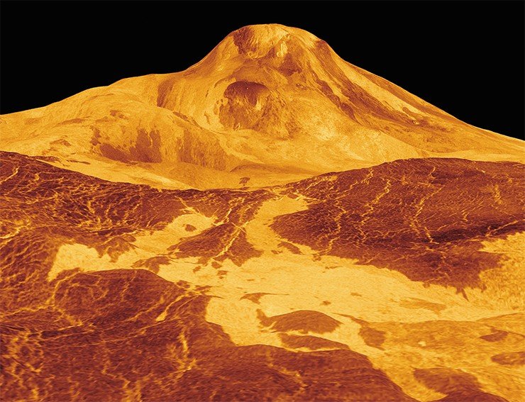 Трехмерная модель вулкана Маат – самого высокого вулкана на Венере, возвышающегося над поверхностью планеты более чем на 8 км. Credit: NASA/JPL