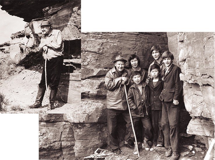 1976 г. Иркутская область. Верховья р. Лена. Шишкинские скалы. «Здесь начиналась моя археология» (слева). С местными ребятишками-краеведами (справа). «Кто знает, а вдруг из них вырастет второй Окладников?»