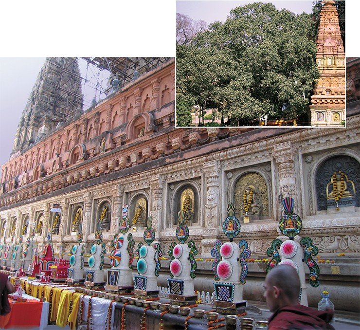 Справа вверху: общий вид дерева бодхи рядом с храмом Махабодхи. Внизу: храм Махабодхи в Бодхгайе