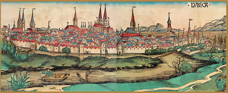 Medieval Lübeck. Illustration from H. Schedel’s Nuremberg Chronicle (1493). Public Domain