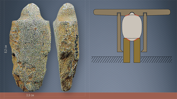 Mounting diagram for a stone bearing at the base of the rotating table in the ancient drilling and milling machine (“eastern” technology). A similar machine was used in the workshop excavated at Hac Sa, Macau. Left: one of the most ancient stone bearings, which was found during excavations at the Chahai site in Liaoning Province (around 8000 BP)