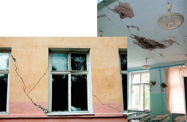 Сквозные трещины на фасаде школы в п. Култук – свидетели Култукского землетрясения силой свыше 7 баллов, случившегося 27 августа 2008 г. на Южном Байкале. К счастью, землетрясение произошло в то время, когда детей в школе не было