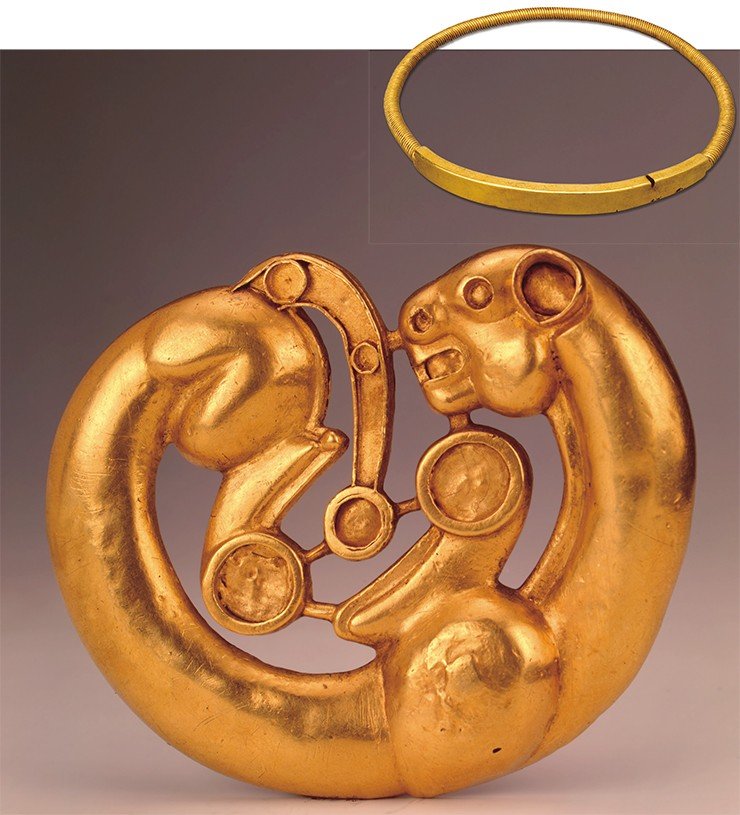 Золотая бляха в виде свернувшейся пантеры. Возможно, служила украшением конской сбруи или костюма. VII—VI вв. до н.  э. Золото