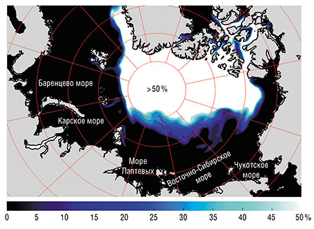 Концентрация морского льда в Северном Ледовитом океане, рассчитанная по модели SIbCIOM для лета 2020 г. Еще полвека назад в летние месяцы практически вся площадь океана была покрыта льдами и на карте оказалась бы полностью окрашена в белый цвет. Сейчас с каждым годом льды отступают все дальше на север