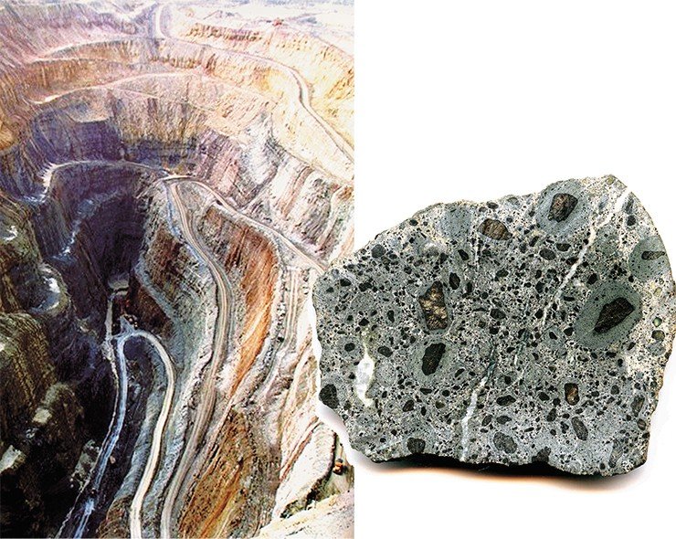 Слева: карьер кимберлитовой трубки Айхал (Якутия). Справа: кимберлит – магматическая порода порфировой структуры, содержащая множество минеральных включений, – является основным коренным источником алмаза, но сам внешне весьма скромен