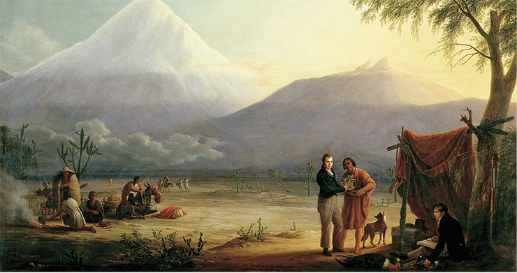 Александр фон Гумбольдт и его коллега-ученый Эме Бонплан возле вулкана Чимборасо во время своего путешествия в Америку. 1810 г. Худ. Ф. Г. Вейч. Public Domain