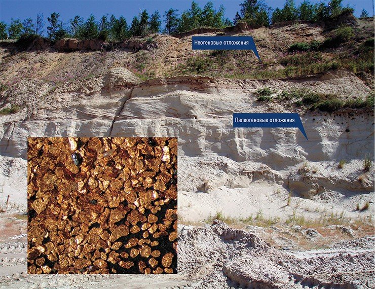 Неогеновые русловые и косовые отложения карьера Хатынг-Юрях состоят в основном из мелкозернистых песков (0,5—0,125 мм) с прослоями светлых глин и углефицированных древесных остатков. Они перекрыты разнозернистыми позднеплиоценовыми песками, среди которых выделяются горизонты и линзы ожелезненных галечников и гравелитов. В стенках карьера видны системы вертикальных и горизонтальных трещин, заполненные гидроксидами железа. Отложения палеогена и неогена были опробованы в стенках карьера сверху вниз с шагом 25 см и по его днищу с шагом 10 м. Наибольшая часть самородного золота из песчаников карьера Хатынг-Юрях темно-желтого цвета, единичные золотины – светло-желтые или серебристые. Размеры подавляющего большинства золотин – менее 0,25 мм, из них около трети – менее 0,125 мм. Золото таких размеров обычно смывается водным потоком со шлюзов существующих промприборов (качественное промышленное извлечение золота начинается с размера частиц металла более 0,5 мм). Для извлечения золота мелких классов использовались приборы, смонтированные на базе винтовых сепараторов