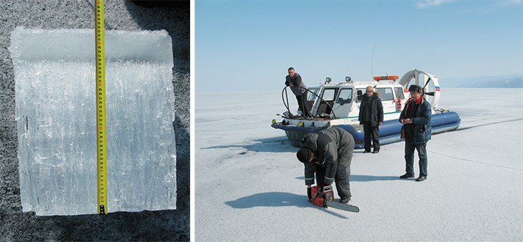Для обследования льда ученые использовали катер на воздушной подушке «Хиус». Ледовый керн, взятый на расстоянии 2 км от центра кольцевой структуры, оказался весь пронизан микротрещинами. Апрель 2009 г.