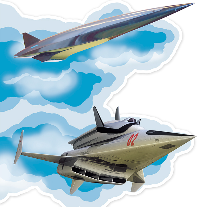 Воздушно-космический самолет Ту-2000 (вверху) должен совершать взлет и посадку с обычных аэродромов и выполнять автономный орбитальный полет на высоте 200 км продолжительностью до суток. Стартовый вес – около 260 т, вес полезной нагрузки – 8–10 т. Воздушно-космическая система Спираль (внизу) состоит из гиперзвукового самолета-разгонщика, оснащенного турбореактивным двигателем, и орбитального самолета с ракетным ускорителем. Отделение орбитальной ступени происходит на высоте 24–30 км при М=6. После схода с околоземной орбиты и планирующего спуска в атмосфере орбитальный аппарат совершает посадку на обычный аэродром с помощью турбореактивного двигателя. Взлетный вес всей системы – 115 т, вес одноместного орбитального самолета – 10 т