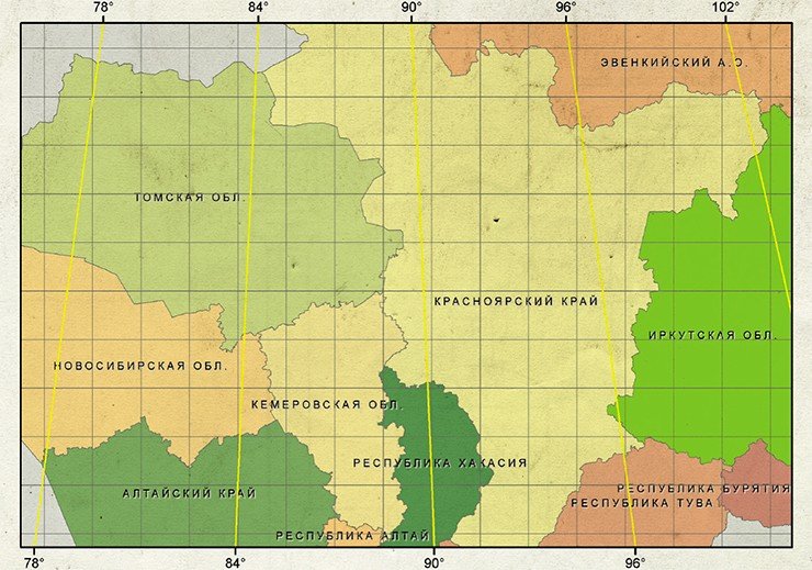 Фрагмент карты Сибирского федерального округа в универсальной равноширинной проекции Меркатора