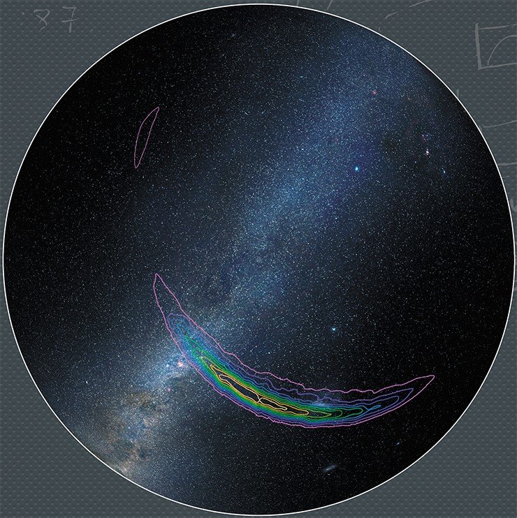 На небесной карте южного полушария изображено примерное положение двух источников гравитационных волн, зарегистрированных детектором LIGO. Цветные линии с разной степенью вероятности очерчивают облать, в которой находился источник сигнала. Внешняя пурпурная линия ограничивает область источника сигнала с вероятностью 90 %. Внутренняя желтая линия – с вероятностью 10 %. Image credit: LIGO/Axel Mellinger