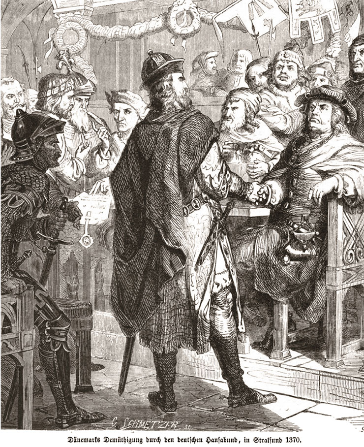 Conclusion of the peace treaty between the Kingdom of Denmark and the Hanseatic League in Stralsund in 1370. Under the terms of the treaty, the Hanseatic League received substantial privileges for Baltic maritime trade. Illustration from the magazine Die Gartenlaube (1860). Public Domain