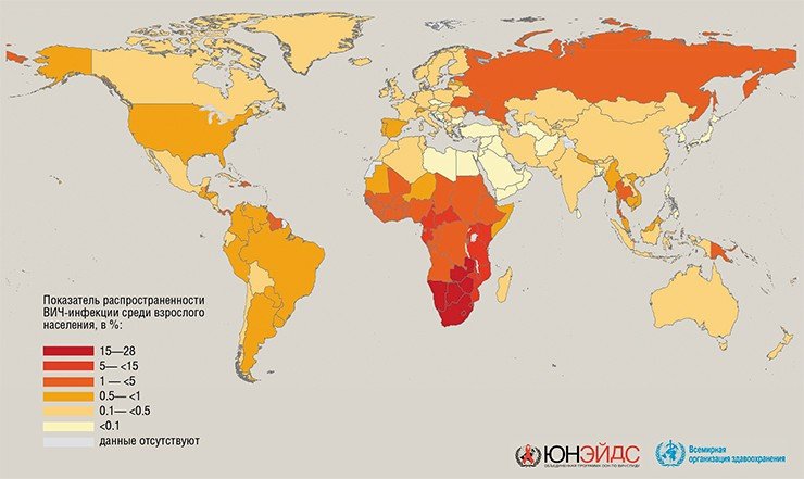 Глобальная картина ВИЧ-инфекции. По данным на 2007 г., около 35 млн человек в мире живет с ВИЧ. Данные ЮНЭЙДС «Объединенная программа ООН по ВИЧ/СПИДу» и Всемирной организации здравоохранения