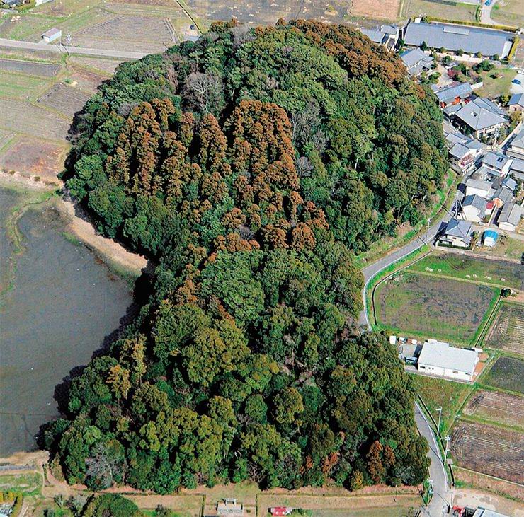 Hasihaka burial mound. From above, this type of structure resembles a huge keyhole. As it is prohibited to approach the slopes of the mound, animals, fishes and birds abound in the midwood and in the ditches. Nara