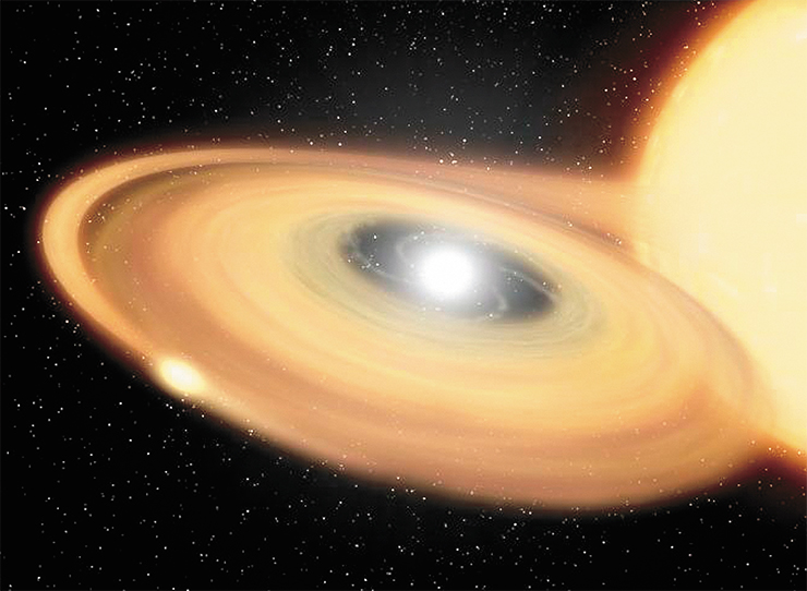 Z Жирафа – двойная звездная система недалеко от границы созвездия Большой Медведицы, ее можно легко наблюдать в Северном полушарии. В систему входит белый карлик, могучее притяжение которого «вытягивает» вещество из более спокойной «звезды-компаньона», образующее вокруг белого карлика вращающийся газопылевой диск (внизу). Термоядерные процессы, происходящие в аккреционном диске, временами могут терять стабильность, приобретая взрывной характер. Z Жирафа периодически (в среднем каждые 20 дней) вспыхивает небольшими вспышками – она стала первой известной звездой в подклассе «карликовых новых». Однако обнаруженная ультафиолетовым детектором оболочка из ионизированного газа (вверху), масса которого слишком велика для такой звезды, служит свидетельством давней мощной вспышки, соответствующей «классической новой». © NASA/JPL-Caltech