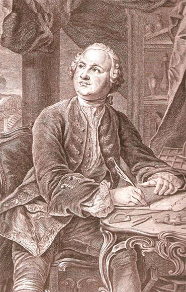 Portrait of M. V. Lomonosov, published in his Collected Works in Verse and Prose (1757). Engraving by Ch. A. Wortmann, E. Fessard. Based on the original by Georg Caspar von Prenner. Russian National Library (St. Petersburg)