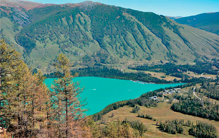Lake Kanas is located at an altitude of 1340 m above sea level and has a length of 24 km from north to south, an average width of 1.9 km, a maximum depth of 188.5 m, and an area of 45.7 km2. To see the lake in all its splendor, you need to climb to the Fish Observation Platform. Here, almost from a bird’s eye view, you will see a beautiful panorama of both the lake itself, which supplies its water of a unique azure color to the river from which the hiking route begins, and the contiguous river valley