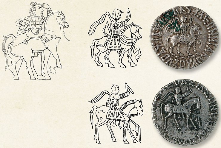 A dismounted rider wearing an armor-clad jacket raised his left hand to the forehead in the traditional Zoroastrian gesture – the sing of worshipping a deity (left). Drawing of the carpet by Ye. Shumakova. The depictions of embroidered riders on the carpet and rulers on the heads of Indo-Scythian coins have a great deal in common. On the right are the coins of Azes II, on the left is their drawing. From: (Musee National des Arts Asiatiques-Guimet – l’Asie des steppes d’Alexandre le Grand à Gengis Khan, 2000)