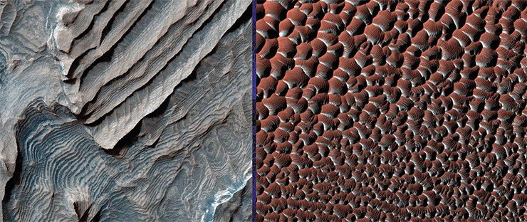 Удивительный марсианский рельеф. Размер изображения по диагонали – около 1 км (справа). Марсианский ледник в процессе таяния. Credit: NASA