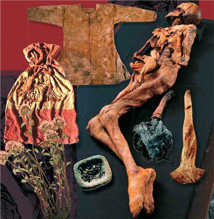Шерстяная юбка, шелковая рубаха, войлочный колпак, каменное блюдце, наполненное обугленными семенами кориандра, женский головной убор-парик – все эти вещи были обнаружены в кургане 1 могильника Ак-Алаха-3. Музей ИАЭТ СО РАН (Новосибирск)