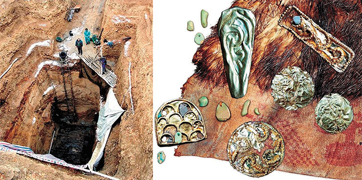 Из погребальной камеры 20-го кургана Ноин-Улинского могильника хунну, расположенной на глубине 18 м, были извлечены многочисленные предметы, сопровождавшие умершего в загробный мир. Среди них – украшения из золота и бирюзы, остатки шелковых и шерстяных одежд. Северная Монголия, горы Ноин-Ула, 2006 г. По: (Полосьмак, 2009)