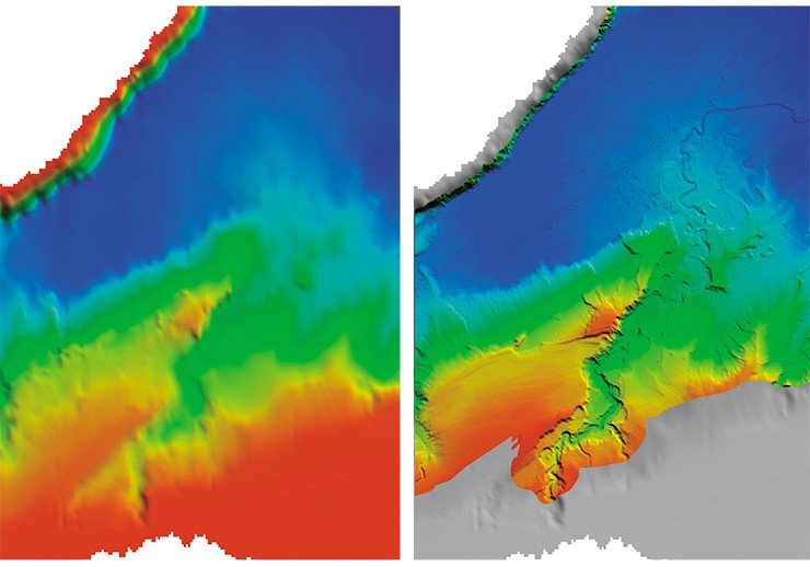 Данные батиметрии, полученные в 2009 г., отличались высокой детальностью (пример – р-он Кукуйского подводного каньона): слева – данные INTAS-99-1669, справа – данные съемки многолучевым эхолотом