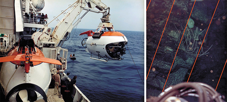 The Mir submersible is being launched into the water. On the right is a photo taken by a camera mounted above Mir’s viewport